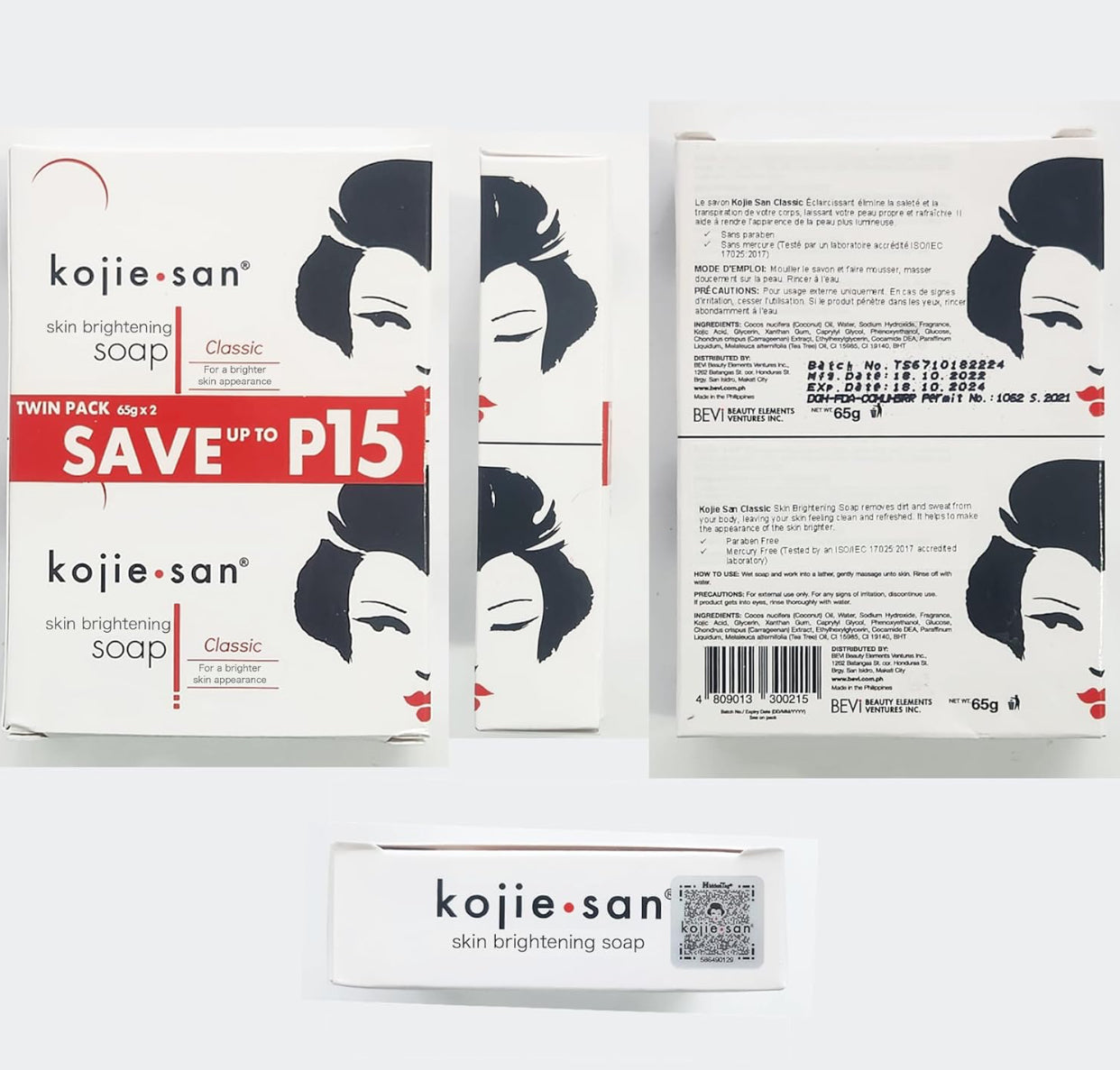 Kojie San Skin Brightening Soap - Original Kojic Acid Soap for Face & Body - Cosmetic Soap for Beautifully Fresh Skin (2 X 65g Bars)