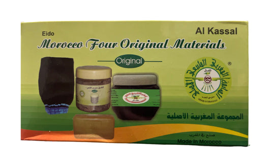 Al Kassal Moroccan Hammam Kit (black soap,Exfoliating Glove, taous bar soap , Ghassoul)
